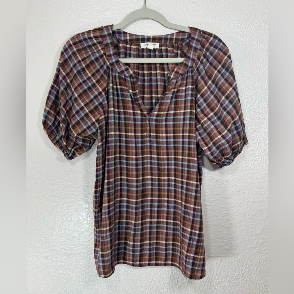 Beachlunchlounge Noelle Plaid Top Women’s Size Small Puff Sleeves Split V-Neck